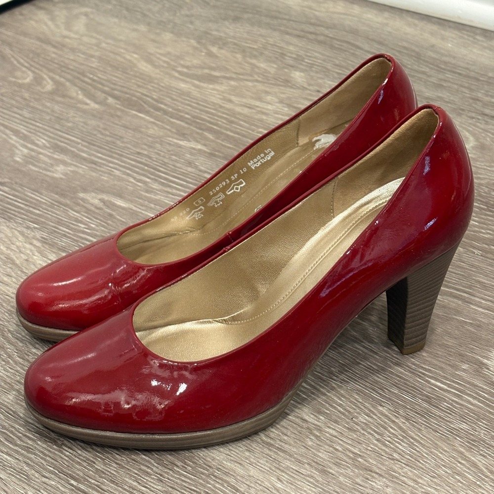 Gabor Red Patent Leather Round Toe Pumps Stacked Heel Mod Retro Pinup Office 7.5